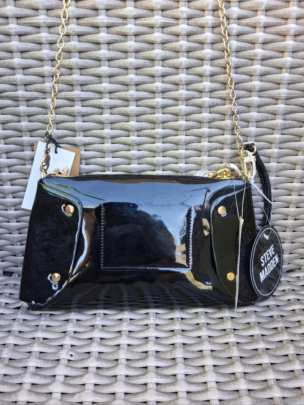 Steve Madden Black Patent Shoulder Bag with Gold Chain Accent